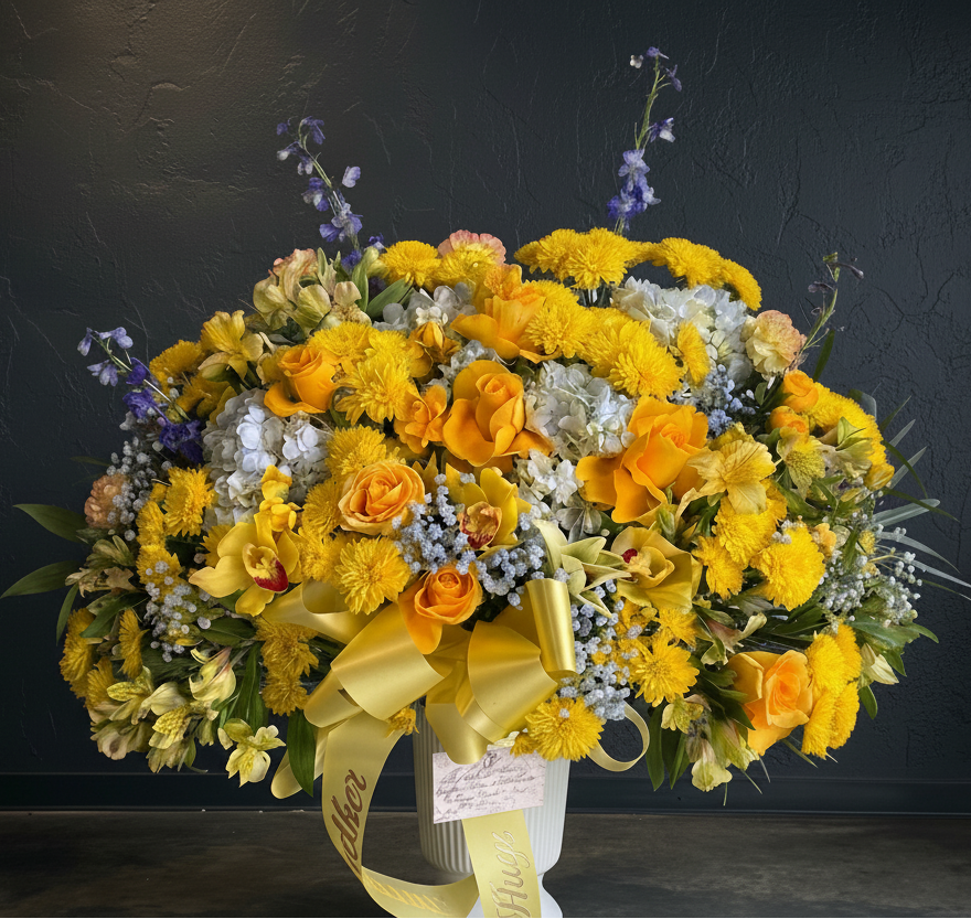 Bouquet of yellow and orange flowers with a yellow ribbon on a dark background