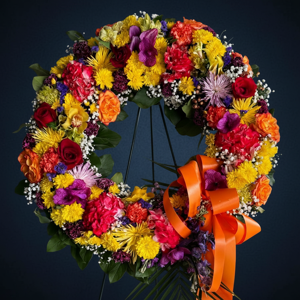 Colorful floral wreath with an orange ribbon on a dark background