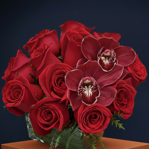 Bouquet of red roses and red orchids on a black background