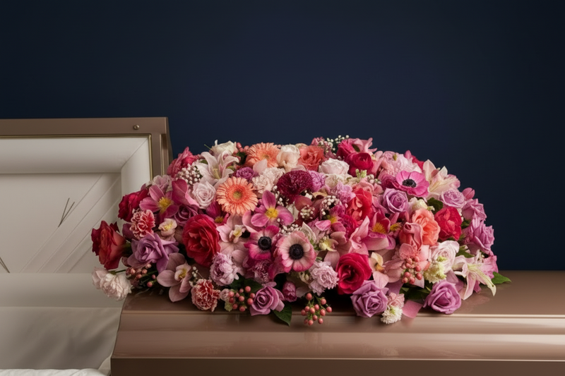 Colorful floral arrangement on a casket with 'SYMPATHY' card.