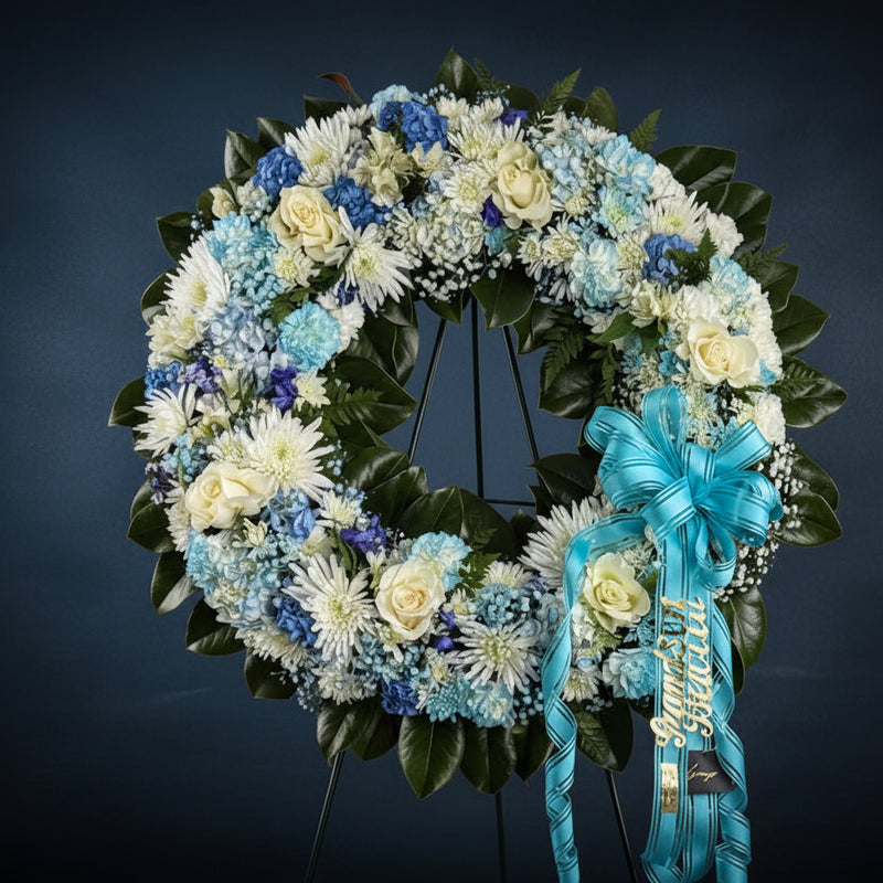 Floral wreath with blue and white flowers and a blue ribbon on a dark background