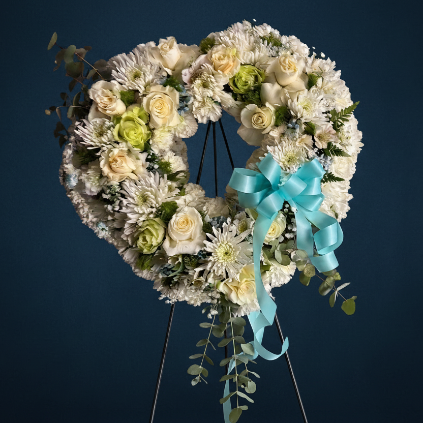 Floral wreath with a blue ribbon on a black background