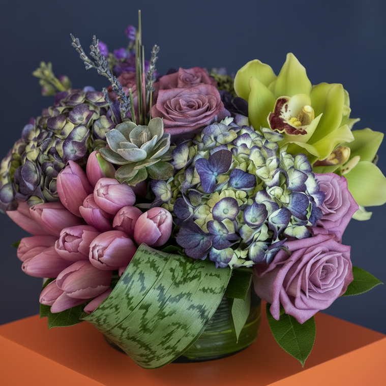 Bouquet of flowers including pink tulips, purple hydrangeas, and green orchids in a decorative container on a dark background.