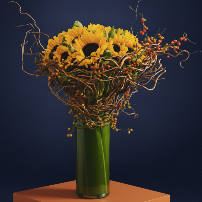 Bouquet of yellow flowers with green stems on a dark background